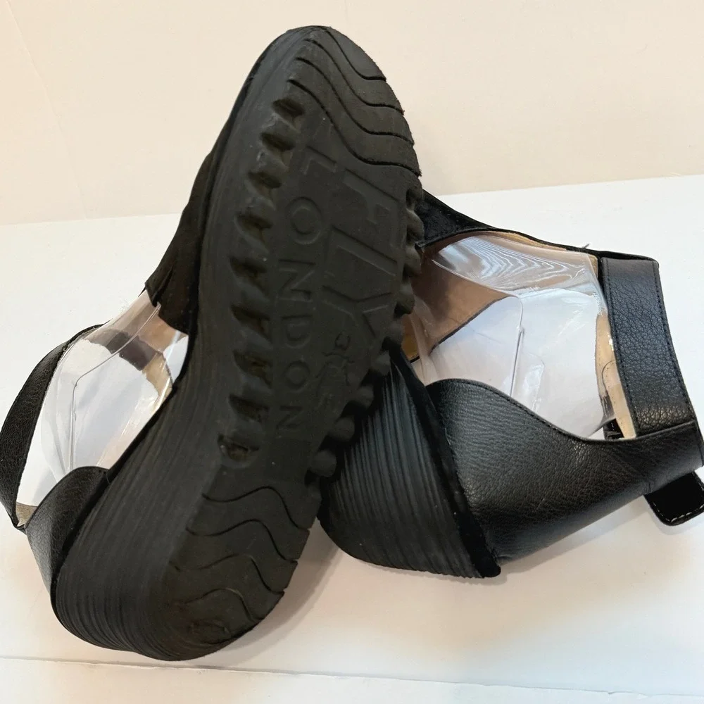 Fly London Yala Black Leather Suede Perforated Wedge Sandals Size 41 US 10-10.5